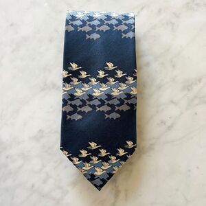 MC Escher Sky and Water Design Men's Silk Neck Tie Blue Cream Flying Fish Birds